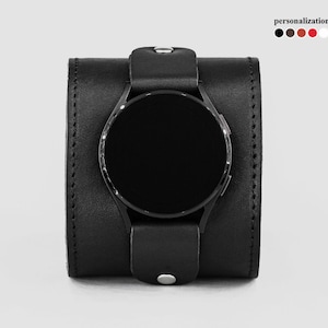 Wide leather stitched cuff band compatible with Samsung and other Smart watch for men or women,  2363st