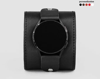 Wide leather stitched cuff band compatible with Samsung and other Smart watch for men or women, 2363st