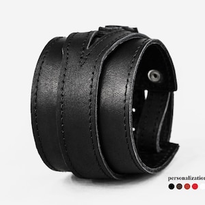 Leather arm guard,  wide Double wrap leather cuff bracelet for man or woman, Wide black cuff wristband, 8040st