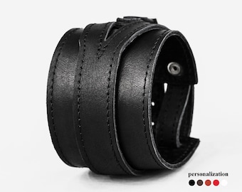 Wide double wrap stitched Leather cuff bracelet for men or women for wrist from 6.1 to 7 inch (15,5-18 cm), 8040st