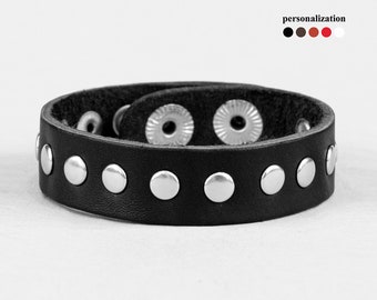 Slim rivet Leather wrist cuff bracelet, Black wide leather cuff wristband for men or women, 3556