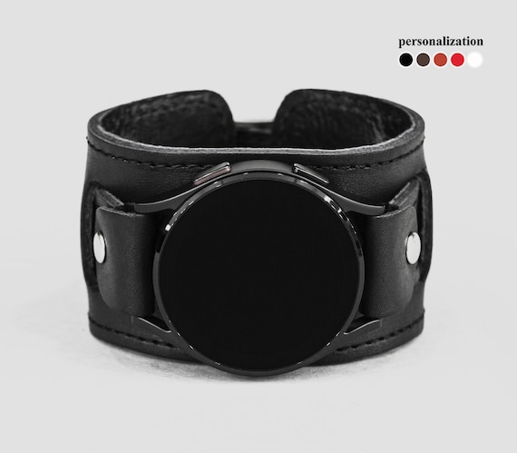 Wide leather stitched cuff band compatible with Samsung and other Smart watch for men or women, 2240st
