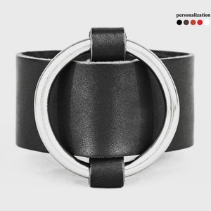 Leather bracelet with circle, wide Leather wrist cuff bracelet, Black wide leather cuff wristband for men or women, 3611