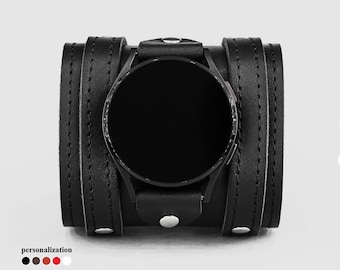 Wide leather stitched cuff band compatible with Samsung and other Smart watch for men or women,  2715st