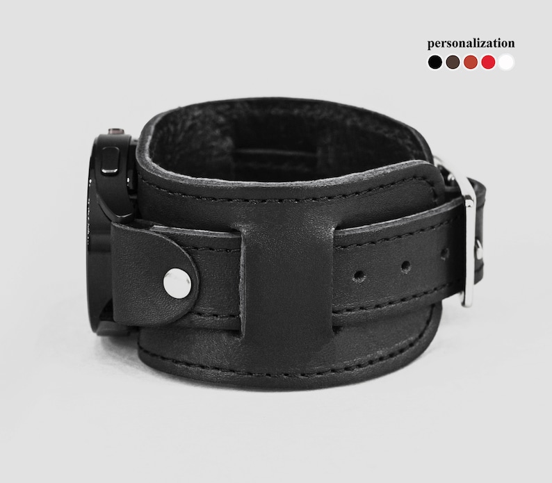 Wide leather stitched cuff band compatible with Samsung and other Smart watch for men or women, 2240st image 2