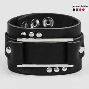 wide Leather wrist cuff bracelet, Black wide leather cuff wristband for men or women, 4071