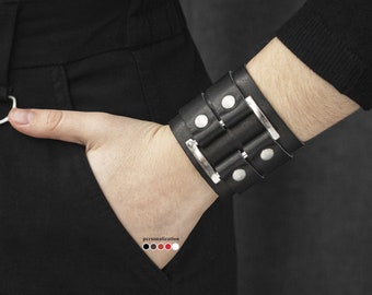 Vintage-inspired wide leather wrist cuff bracelet, Black leather cuff wristband with engraved design for a bold and unique look, 3475