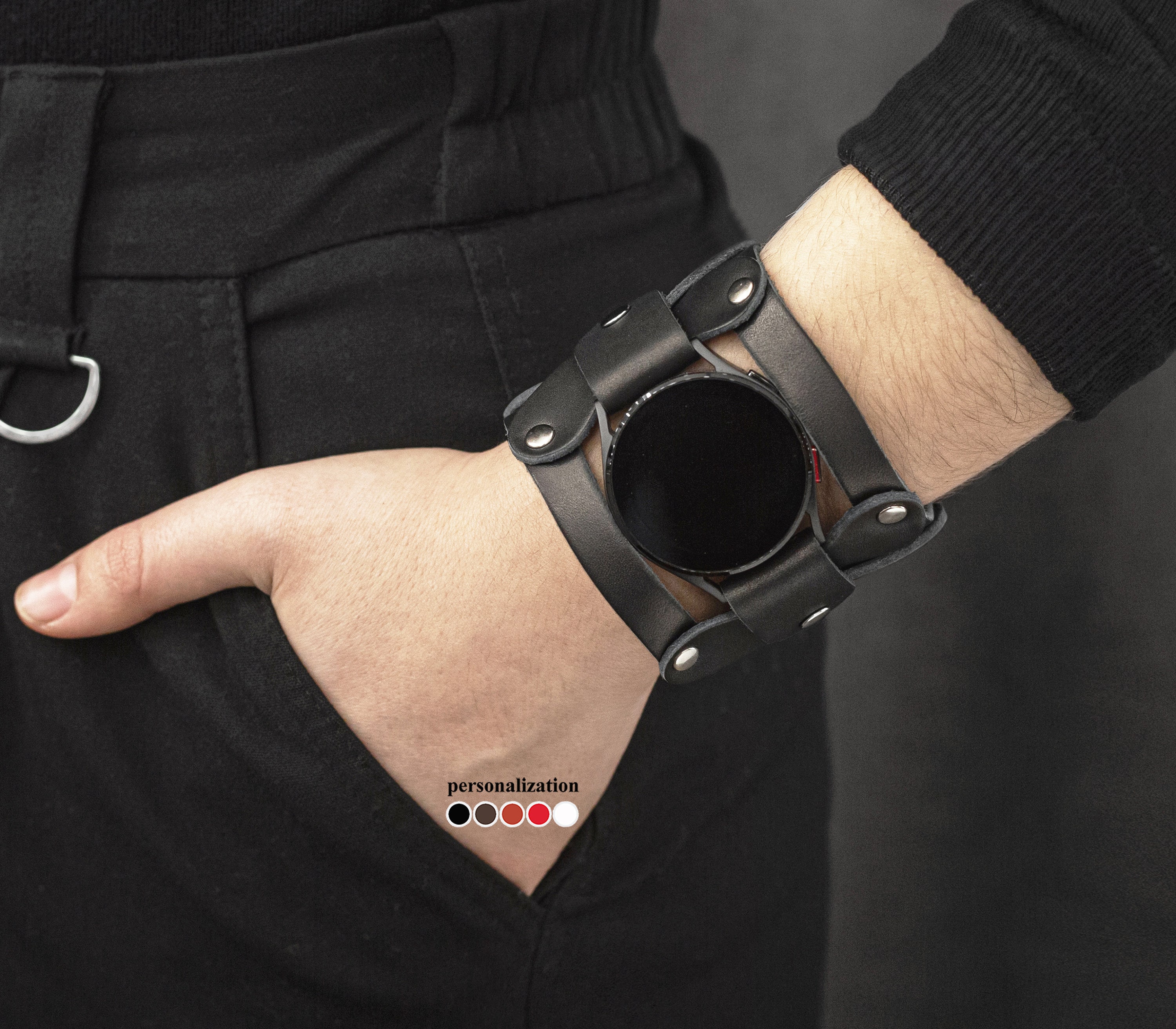 Men s Leather Strap for Samsung Watch Black Leather Samsung Watch Cuff Rivetted Leather Samsung Watch Band Fathers Day Gift 2085