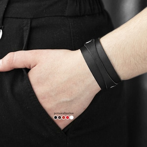 wide Leather wrist cuff bracelet, Black wide leather cuff wristband for men or women, 3540