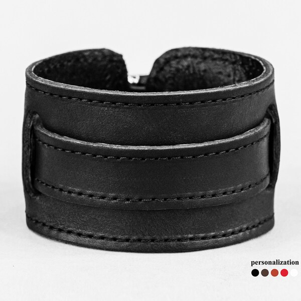 wide stitched Leather cuff bracelet, buckle Leather wristband, Armlet, code 6240st