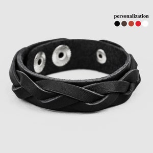 Slim braided Leather wrist cuff bracelet, Black wide leather cuff wristband for men or women, 3549