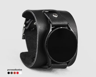 Wide leather cuff band compatible with Samsung and other Smart watch for men or women, 2230
