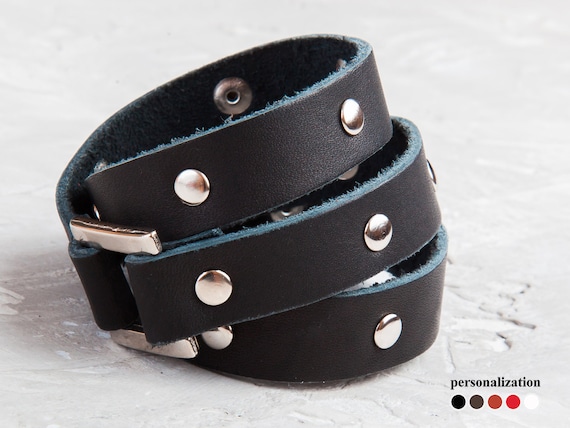Personalized Genuine Leather Bracelet Free Engraving Brown Studded