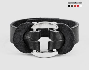 slim Leather wrist cuff bracelet, Black wide leather cuff wristband for men or women, 3740