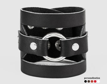 Large bracelet manchette en cuir pour homme ou femme, bracelet jonc noir, 3035