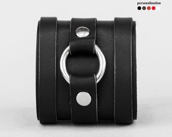 wide Leather wrist cuff bracelet, Black wide cuff wristband for men or women, 3164