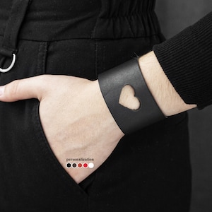 Leather blank cuff bracelet with heart, wide Leather wrist cuff bracelet, Black wide leather cuff wristband for men or women, 3621