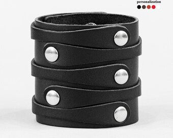Large bracelet manchette en cuir, bracelet manchette large en cuir noir pour homme ou femme, 3554