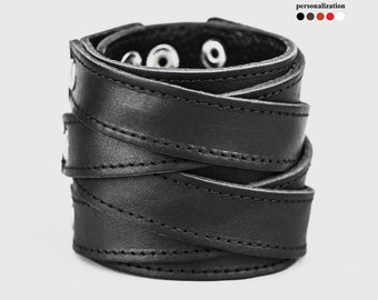 wide Leather stitched cuff bracelet wristband for men or women, width 2.36 in (6 cm) for wrist from 4.7 in (12 cm) to 8.6 in (24 cm), 3097st