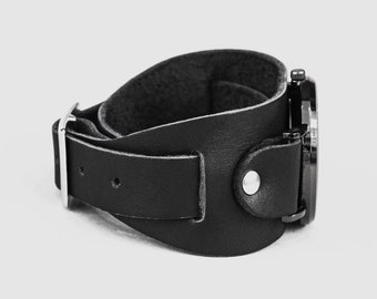 Black Wide Leather Biker Watch Bands Hypoallergenic Wide Leather