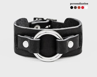 Black o ring slim cuff leather wristband bracelet for men or women, 6521