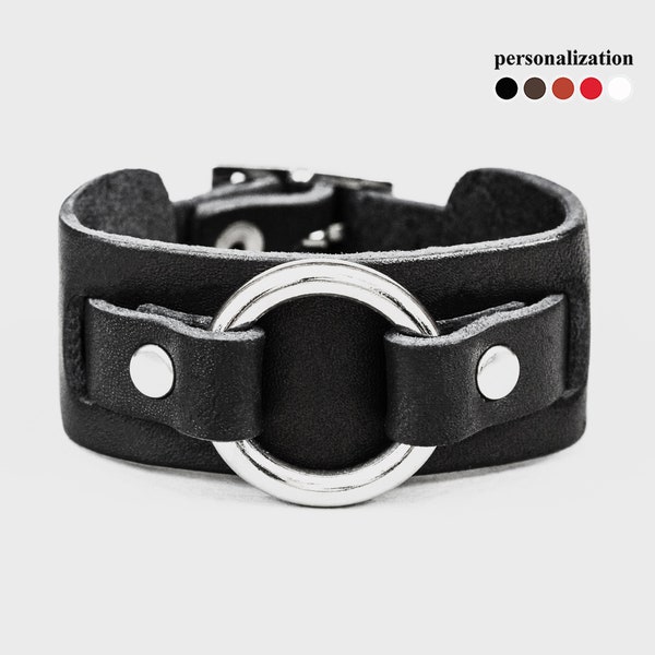 Black o ring slim cuff leather wristband bracelet for men or women, 6521