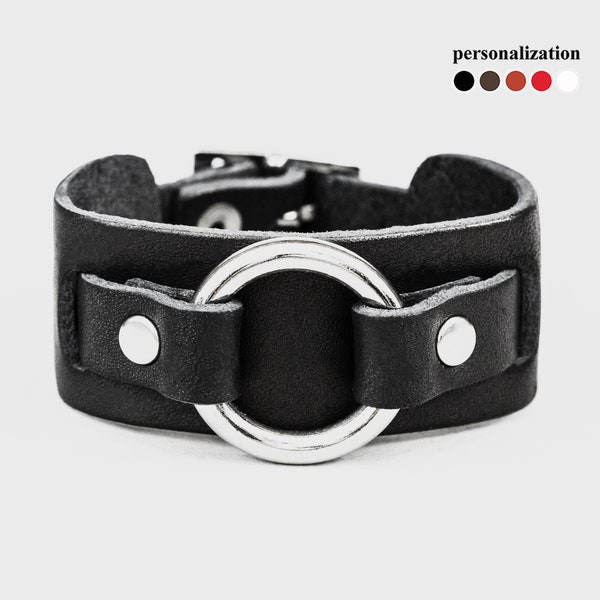 Pulsera de cuero con puño fino y anillo redondo negro para hombre o mujer, 6521