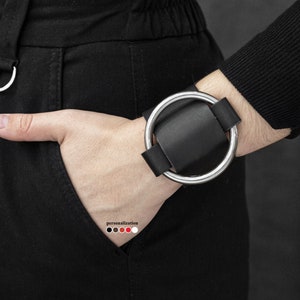 Leather bracelet with circle for men or women, wide Leather wrist cuff bracelet, Black wide leather cuff wristband for men or women, 3610