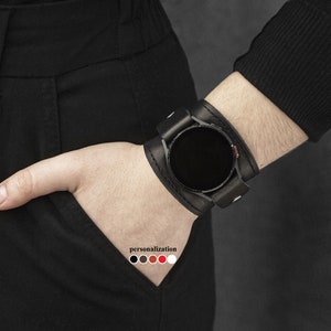 Wide leather stitched cuff band compatible with Samsung and other Smart watch for men or women,  2530st