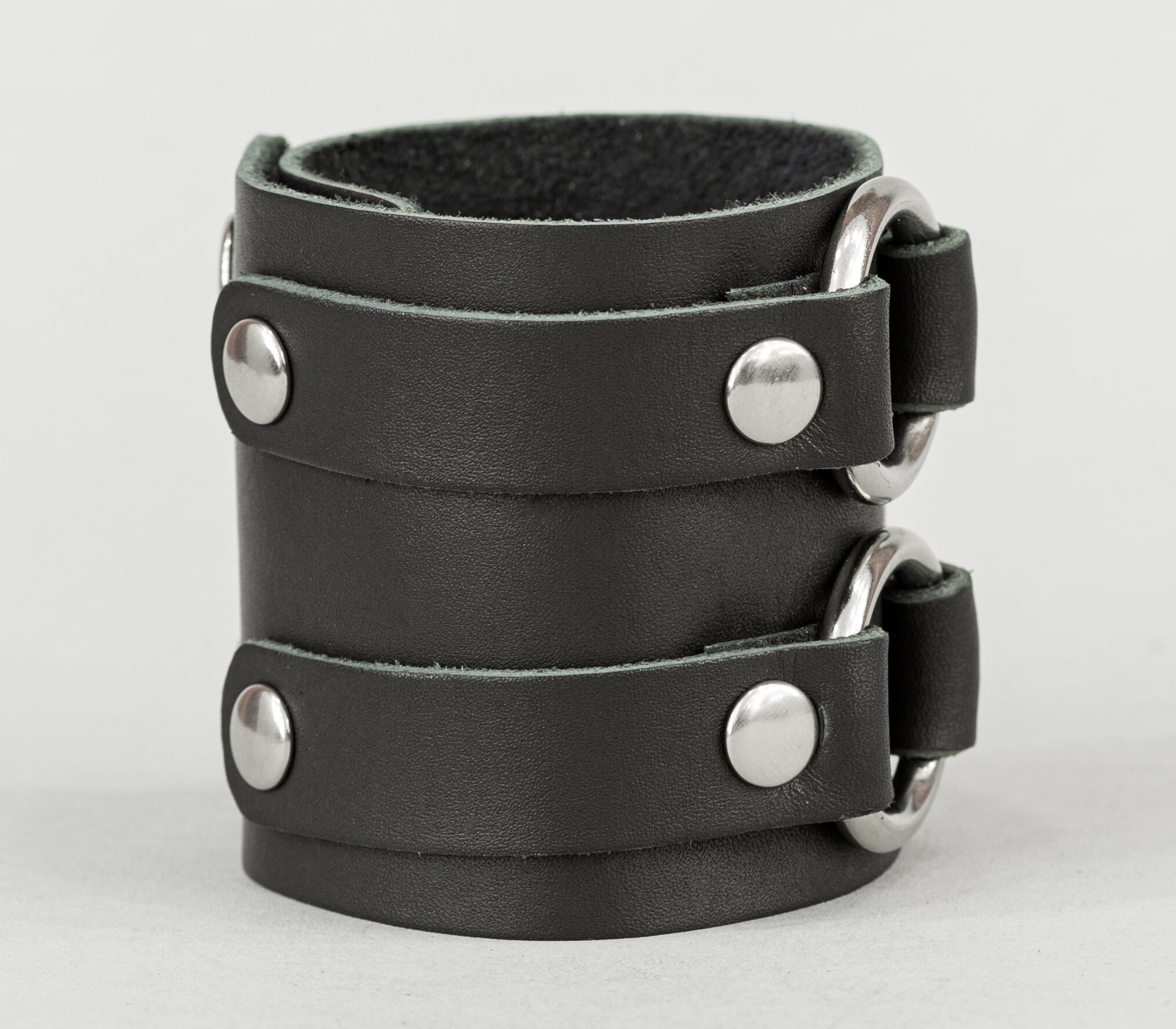 Wide Leather wristbands with rings Leather wrist cuff Leather Etsy