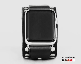 Wide stud leather Apple watch band for men women 38mm 40mm 41mm 42mm 44mm 45mm 46mm 49mm, series 3 4 5 6 7 8 9 10 SE Ultra Ultra 2, 1364