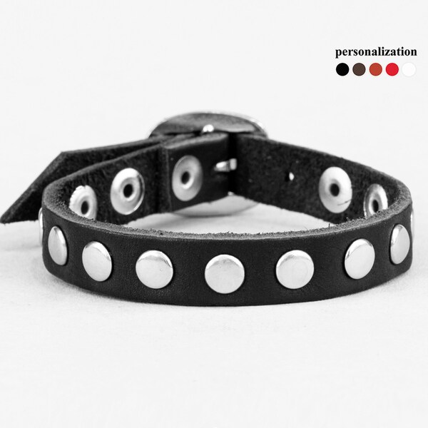 Leather rivet bracelet for men or women - slim stud leather bracelet, black brown red white color,  6901