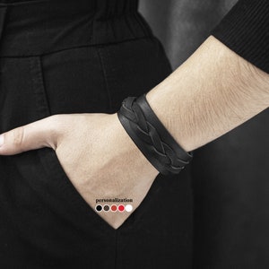 wide braided Leather wrist cuff bracelet, Black wide leather cuff wristband for men or women, 3630