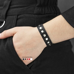Slim rivet Leather wrist cuff bracelet, Black wide leather cuff wristband for men or women, 3556