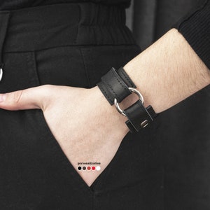 Black leather cuff bracelet for men or women,  leather Slim wristband, 3272st