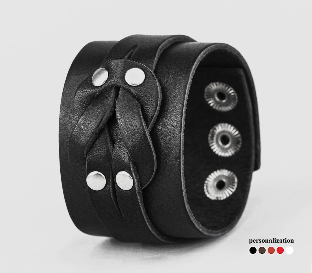 Wide Leather Wrist Cuff Bracelet, Black Wide Leather Cuff Wristband for Men or Women, 3780 Etsy