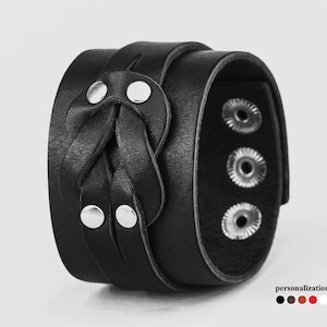 wide Leather wrist cuff bracelet, Black wide leather cuff wristband for men or women, 3780