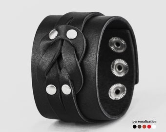 wide Leather wrist cuff bracelet, Black wide leather cuff wristband for men or women, 3780