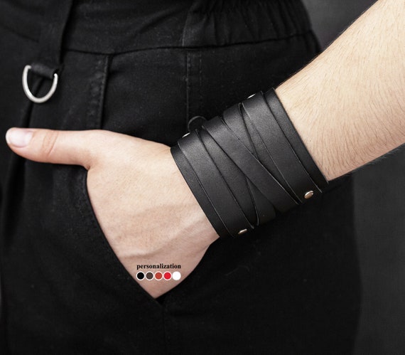 Wide Leather cuff bracelet for men or women for wrist from 4.7 to 8.3 inch (12-21 cm), 6714