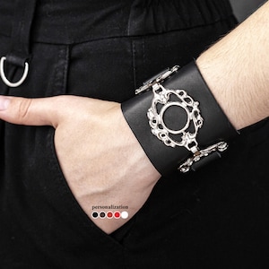 wide emo Leather wrist cuff bracelet, Black goth wide leather cuff wristband for men or women, 3922