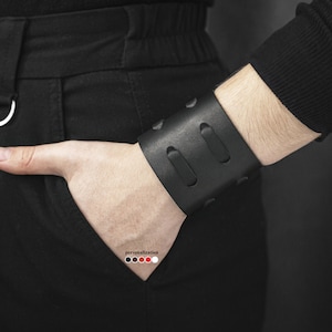 wide Leather wrist cuff bracelet, Black wide leather cuff wristband for men or women, 3526