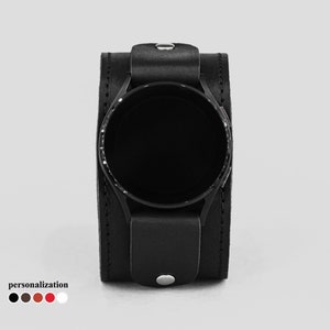 Wide leather stitched cuff band compatible with Samsung and other Smart watch for men or women,  2362st