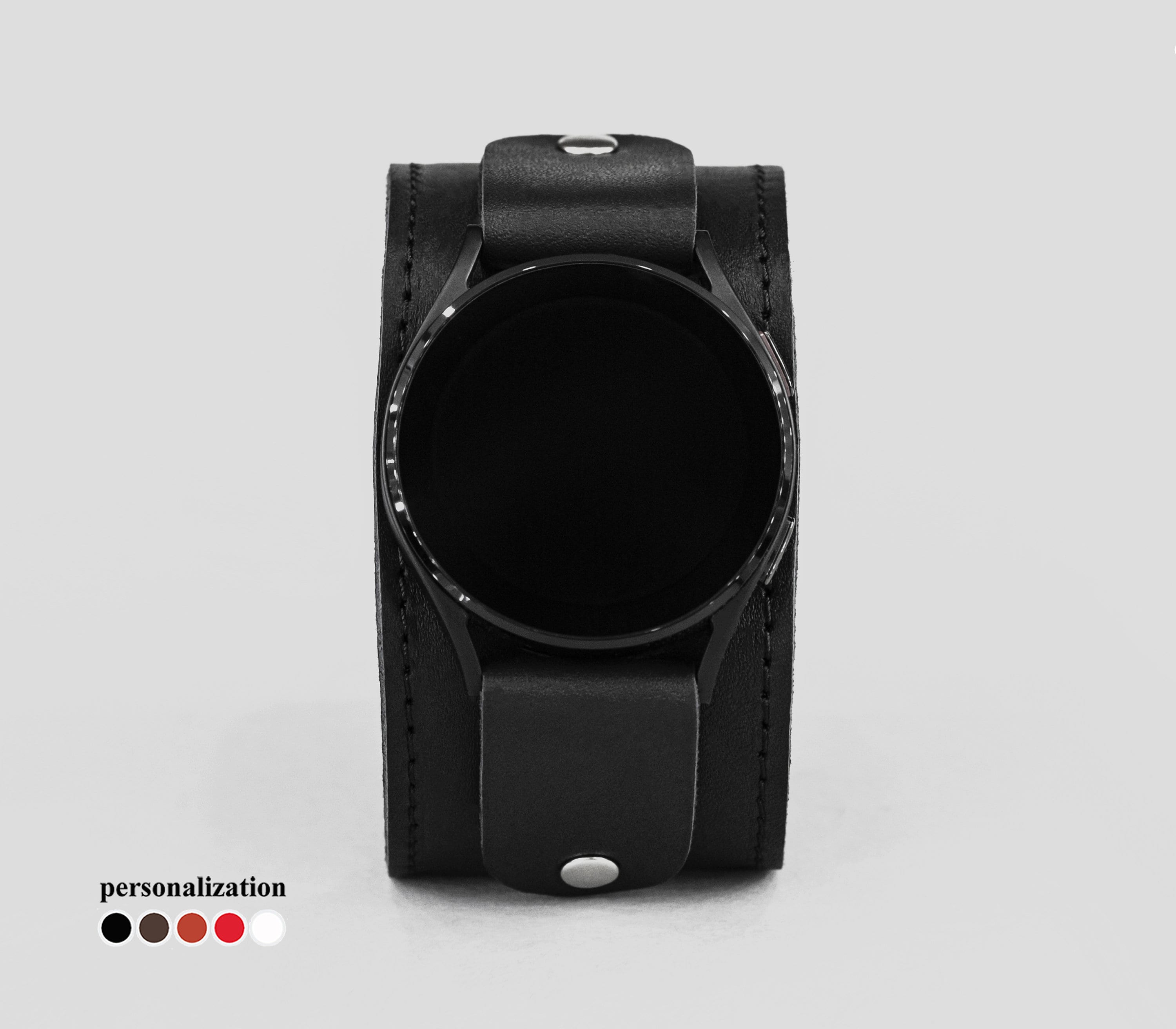 Wide leather stitched cuff band compatible with Samsung and other Smart watch for men or women,  2362st