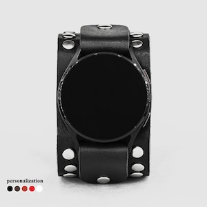 Wide stud leather cuff band compatible with Samsung and other Smart watch for men or women,  2364