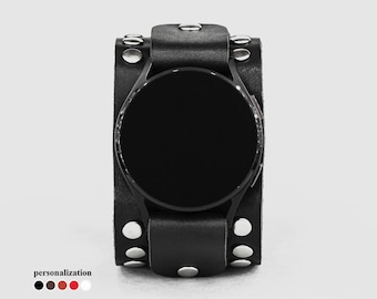 Wide stud leather cuff band compatible with Samsung and other Smart watch for men or women,  2364