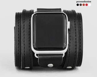 Leather stitched wide apple watch cuff band for men or women 38mm 40mm 41mm 42mm 44mm 45mm 49 mm, series 5 6 7 8 9 SE Ultra Ultra 2, 1715st