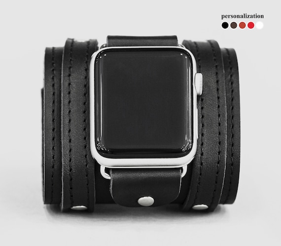 Leather Stitched Wide Apple Watch Cuff Band for Men Women 38mm