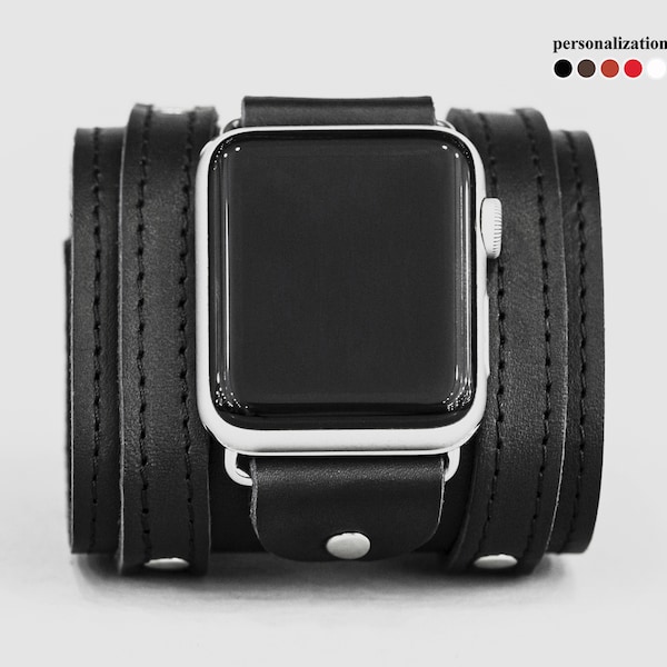 Leather stitched wide apple watch cuff band for men or women 38mm 40mm 41mm 42mm 44mm 45mm 49 mm, series 5 6 7 8 9 SE Ultra Ultra 2, 1715st