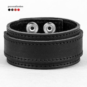 wide Leather wrist cuff bracelet, Black wide leather cuff wristband for men or women, 3543st