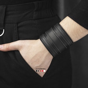 Luxurious Handcrafted Leather Bracelet for Men and Women, Classic Black Wide Stitched Wrist Cuff, Perfect Gift For Birthday, 3574st